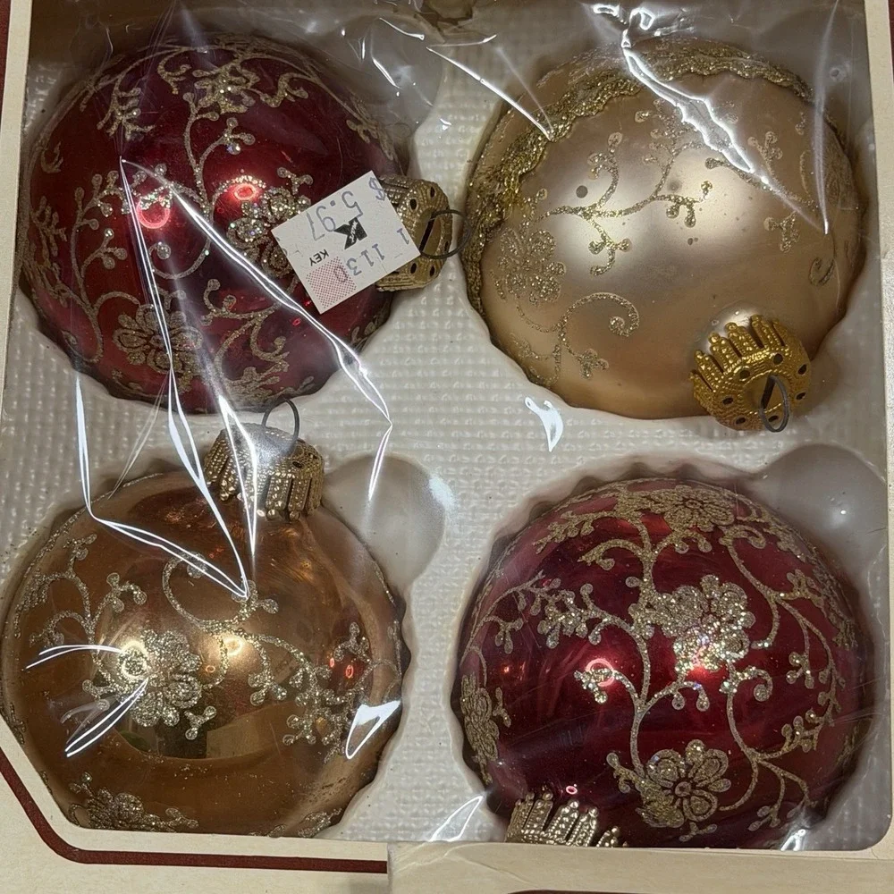 20 Vintage Christmas by Krebs Glass Ornaments Red Gold Cream Glitter Floral Lot
